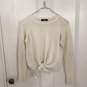 Cream Pullover Tie Front Sweater by Olivaceous